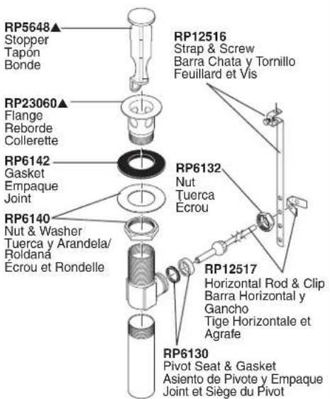 RP5648▲ Stopper Tapón Bonde RP23060▲ Flange Reborde Collerette RP6142 Gasket Empaque Joint RP6140 Nut & Washer Tuerca y Arandela/Roldana Écrou et Rondelle RP12516 Strap & Screw Barra Chata y Tornillo Feuillard et Vis RP6132 Nut Tuerca Ecrou RP612517 Horizontal Rod & Clip Barra Horizontal y Gancho Tige Horizontale et Agrafe RP6130 Pivot Seat & Gasket Asiento de Pivote y Empaque Joint et Siège du Pivot