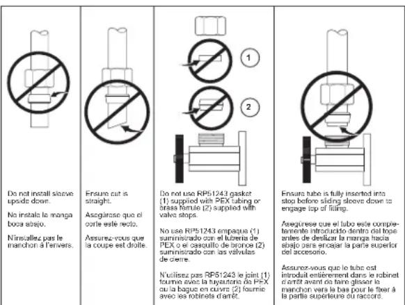 Do not install start upode down. No installs le manga boca stejo. Ninsallez pas le manchon à l'envers. Ensure cut is straight. Asogarasse que el corle este recto. Assurez-vous que la coupe est droite. Do not use RP51243 gasket (1) supplied with PEX tubing or braas humile (2) supplied with valve stops. No use RP51243 empaque (1) suministrado con el luberia de PEX o el casquillo de bronos (2) suministrado con las valvulas de cierre. N'utilisez pas RP51243 le joint (1) fourme avec la tuyautons de PEX ou la bague en cuivre (2) fourme avec ses robots d'anté. Ensure tube is fully inserted into stop before sliding above down to engage top of filling. Assurez-vous que el tubo este compla-temente introducido dentro del trore artes de dedicar la mange hacia stejo para encajar la partie superior del accesorio. Assurez-vous que le tube est introduit entièrement dans le robinet d'anté avant de tame glisser la manchon vers la bas pour le fixer à la partie superleure du raccore.