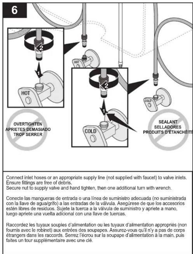 6 OVERTIGHTEN APRIETES DEMASIADO TROP SERRER 1 2 3 4 5 6 HOT COLD SEALANT SELLADORES PRODUITS D'ÉTANCHÉITE Connect inlet hoses or an appropriate supply line (not supplied with faucet) to valve inlets. Ensure fittings are free of debris. Secure nut to supply valve and hand tighten, then one additional turn with wrench. Conecte las mangueras de entrada o una línea de suministro adecuada (no suministrada con la llave de agua/grifo) a las entradas de la válvula. Asegúrese de que los accesorios estén libres de residuos. Sujete la tuerca a la válvula de suministro y apriete a mano, luego apriete una vuelta adicional con una llave de tuercas. Raccordez les tuyaux souples d'alimentation ou les tuyaux d'alimentation appropriés (non fournis avec le robinet) aux entrées des soupapes. Assurez-vous qu'il n'y a pas de corps étrangers dans les raccords. Serrez l'écrou sur la soupape d'alimentation à la main, puis faites un tour supplémentaire avec une clé.