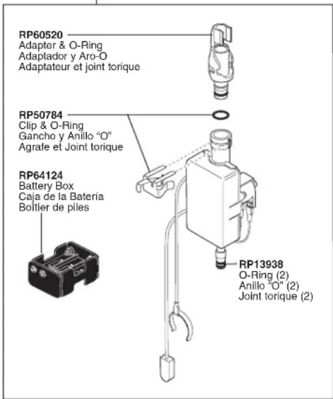 RP60520 Adaptor & O-Ring Adaptador y Aro-O Adaptateur et joint torque RP50784 Clip & O-Ring Gancho y Anillo "O" Agrafe et Joint torque RP64124 Battery Box Caja de la Bateria Boîtier de piles RP13938 O-Ring (2) Anillo "O" (2) Joint torque (2)