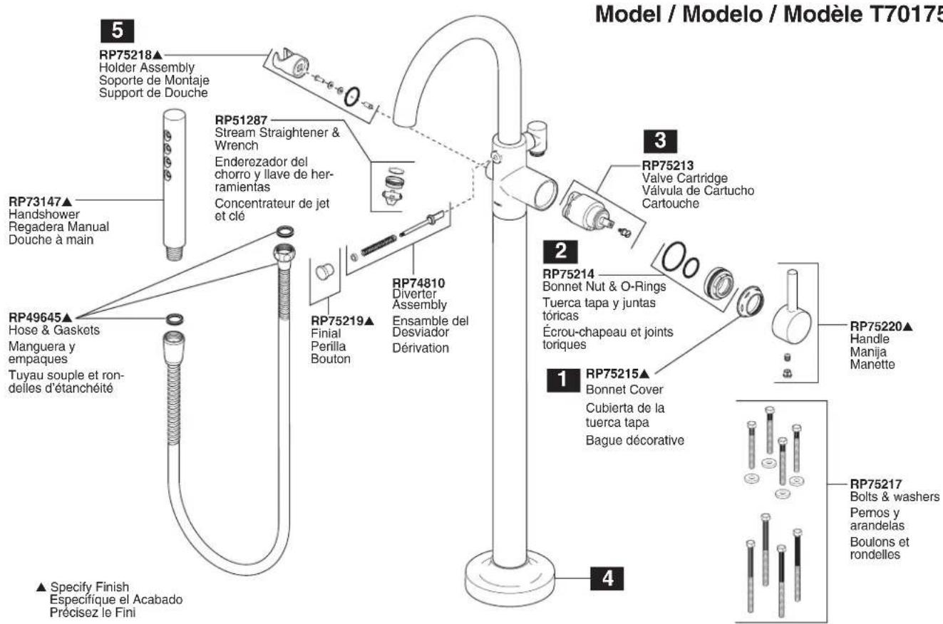 Model / Modelo / Modèle T70175 5 RP75218▲ Holder Assembly Soporte de Montaje Support de Douche RP51287 Stream Straightener & Wrench Enderozador del chorro y llave de herr- ramientas Concentrateur de jet et clé RP73147▲ Handshower Regadera Manual Douche à main RP49645▲ Hose & Gaskets Manguera y empaques Tuyau souple et ron- delles d'étanchéité ▲ Specify Finish Especifique el Acabado Précisez le Fini RP75219▲ Finial Perilla Bouton RP74810 Diverter Assembly Ensemble del Desviador Dérivation RP75214 Bonnet Nut & O-Rings Tuerca tapa y juntas tóricas Écrou-chapeau et joints toriques RP75215▲ Bonnet Cover Cubierta de la tuerca tapa Bague décorative RP75213 Valve Cartridge Válvula de Cartucho Cartouche RP75220▲ Handle Manija Manette 4