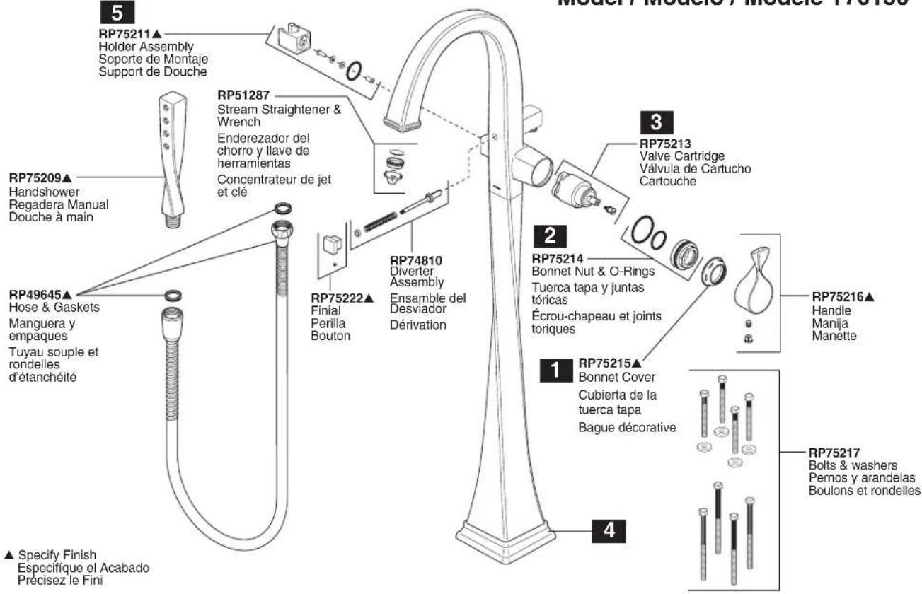 Model / Models / Models 175163 RP75211▲ Holder Assembly Soporte de Montaje Support de Douche RP51287 Stream Straightener & Wrench Enderezador del chorro y llave de herramientas Concentrateur de jet et clé RP75209▲ Handshower Regadera Manual Douche à main RP49645▲ Hose & Gaskets Manguera y empaques Tuyau souple et rondelles d'étanchéité RP75222▲ Finial Perilla Bouton RP74810 Diverter Assembly Ensemble del Desviador Dérviation RP75213 Valve Cartridge Válvula de Cartucho Cartouche RP75214 Bonnet Nut & O-Rings Tuerca tapa y juntas tóricas Écrou-chapeau et joints toriques RP75216▲ Handle Manija Manette RP75215▲ Bonnet Cover Cubierta de la tuerca tapa Bague décorative RP75217 Bolts & washers Pernos y arandelas Boulons et rondelles ▲ Specify Finish Especifique el Acabado Précisez le Fini