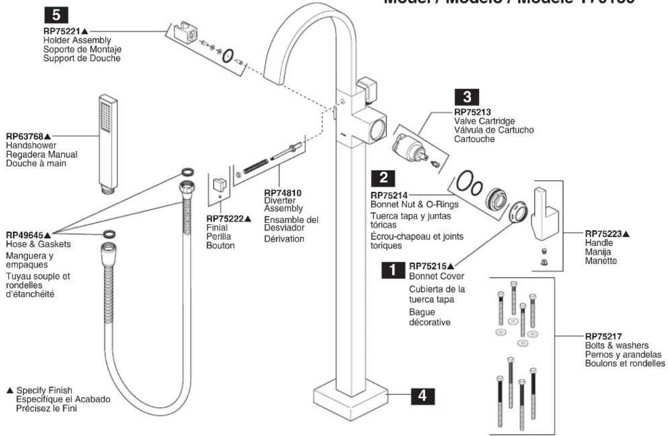 5 RP75221▲ Holder Assembly Soporte de Montaje Support de Douche RP63768▲ Handshower Regadera Manual Douche à main RP49645▲ Hose & Gaskets Manguera y empaques Tuyau souple et rondelles d'étanchéité ▲ Specify Finish Especifique el Acabado Précisez le Fini RP75222▲ Finial Perilla Bouton RP74810 Diverter Assembly Ensemble del Desviador Dérivation RP75214 Bonnet Nut & O-Rings Tuerca tapa y juntas tóricas Écrou-chapeau et joints toriques 1 RP75215▲ Bonnet Cover Cubierta de la tuerca tapa Bague décorative 2 RP75213 Valve Cartridge Válvula de Cartucho Cartouche 3 RP75223▲ Handle Manija Manette RP75217 Bolts & washers Pernos y arandelas Boulons et rondelles 4