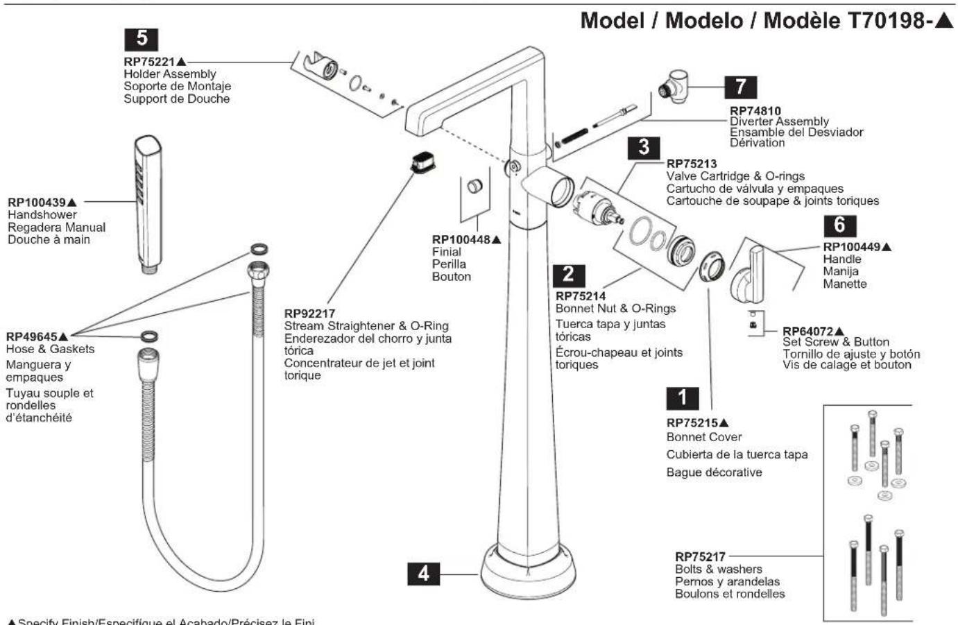 Model / Modelo / Modèle T70198-▲ 5 RP75221▲ Holder Assembly Soporte de Montaje Support de Douche 7 RP74810 Diverter Assembly Ensemble del Desviador Dérivation RP100439▲ Handshower Regadera Manual Douche à main RP75213 Valve Cartridge & O-rings Cartucho de válvula y empaques Cartouche de soupape & joints toriques RP100448▲ Finial Perilla Bouton 6 RP100449▲ Handle Manija Manette RP49645▲ Hose & Gaskets Manguera y empaques Tuyau souple et rondelles d'étanchéité RP92217 Stream Straightener & O-Ring Enderezador del chorro y junta tórica Concentrateur de jet et joint torique 2 RP75214 Bonnet Nut & O-Rings Tuerca tapa y juntas tóricas Écrou-chapeau et joints toriques RP64072▲ Set Screw & Button Tornillo de ajuste y botón Vis de calage et bouton 1 RP75215▲ Bonnet Cover Cubierta de la tuerca tapa Bague décorative RP75217 Bolts & washers Pernos y arandelas Boulons et rondelles 4 ▲Specify Finish/Especifique el Acabado/Précisez le Fini