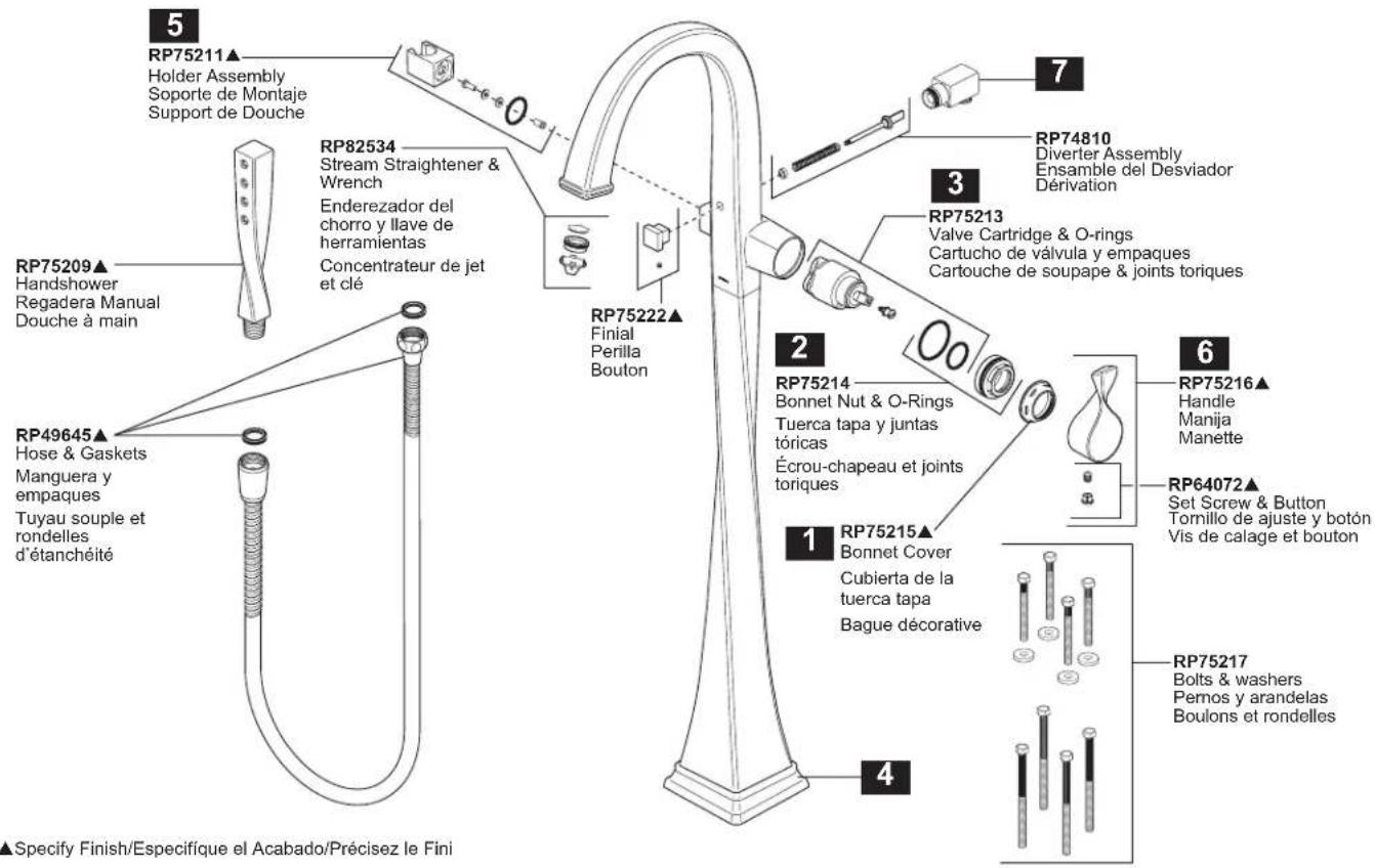 5 RP75211▲ Holder Assembly Soporte de Montaje Support de Douche RP82534 Stream Straightener & Wrench Enderezador del chorro y llave de herramientas Concentrateur de jet et clé RP75209▲ Handshower Regadera Manual Douche à main RP49645▲ Hose & Gaskets Manguera y empaques Tuyau souple et rondelles d'étanchéité RP75222▲ Finial Perilla Bouton 7 RP74810 Diverter Assembly Ensemble del Desviador Dérivation 3 RP75213 Valve Cartridge & O-rings Cartucho de válvula y empaques Cartouche de soupape & joints toriques 2 RP75214 Bonnet Nut & O-Rings Tuerca tapa y juntas tóricas Écrou-chapeau et joints toriques 6 RP75216▲ Handle Manija Manette RP64072▲ Set Screw & Button Tornillo de ajuste y botón Vis de calage et bouton 1 RP75215▲ Bonnet Cover Cubierta de la tuerca tapa Bague décorative 4 RP75217 Bolts & washers Pemos y arandelas Boulons et rondelles ▲Specify Finish/Especifique el Acabado/Précisez le Fini