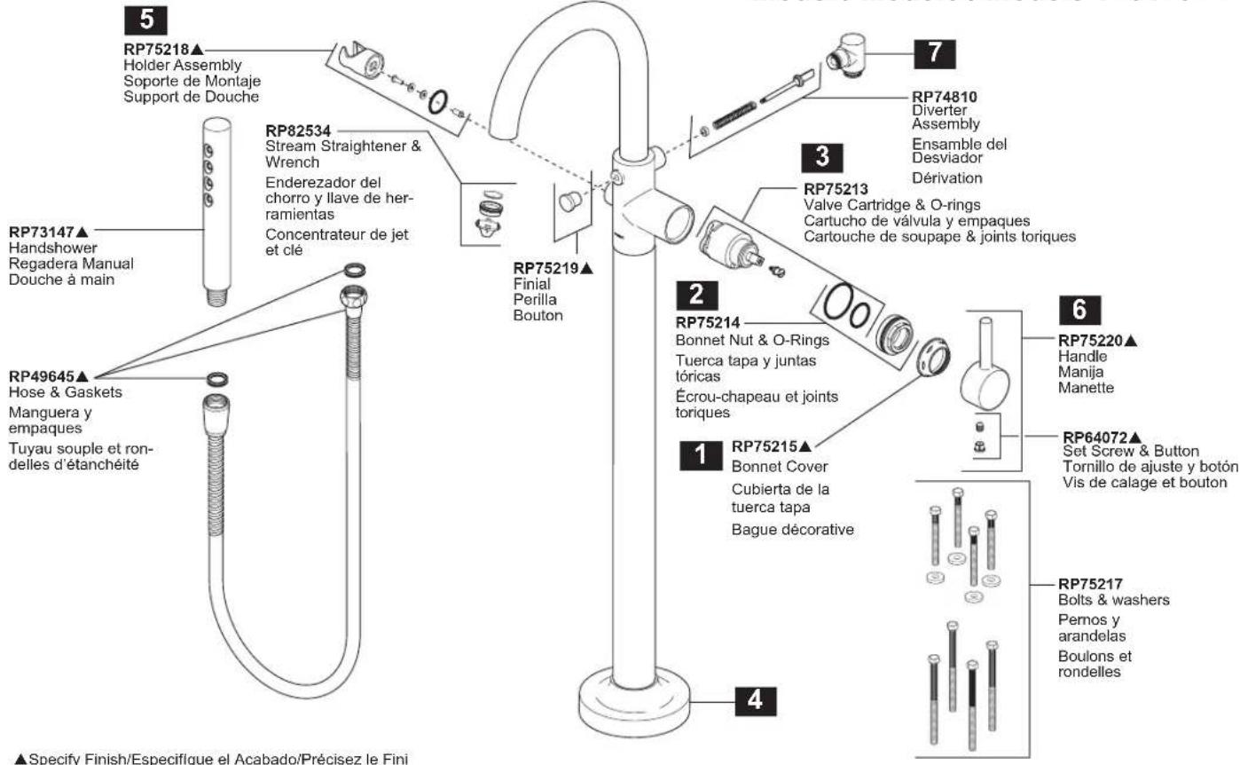 RP75218▲ Holder Assembly Soporte de Montaje Support de Douche RP73147▲ Handshower Regadera Manual Douche à main RP49645▲ Hose & Gaskets Manguera y empaques Tuyau souple et ron- delles d'étanchéité RP82534 Stream Straightener & Wrench Enderezador del chorro y llave de her- ramientas Concentrateur de jet et clé RP75219▲ Finial Perilla Bouton RP75213 Valve Cartridge & O-rings Cartucho de válvula y empaques Cartouche de soupape & joints toriques RP75214 Bonnet Nut & O-Rings Tuerca tapa y juntas tóricas Écrou-chapeau et joints toriques RP75215▲ Bonnet Cover Cubierta de la tuerca tapa Bague décorative RP75220▲ Handle Manija Manette RP64072▲ Set Screw & Button Tornillo de ajuste y botón Vis de calage et bouton RP75217 Bolts & washers Pernos y arandelas Boulons et rondelles ▲Specify Finish/Especifique el Acabado/Précisez le Fini
