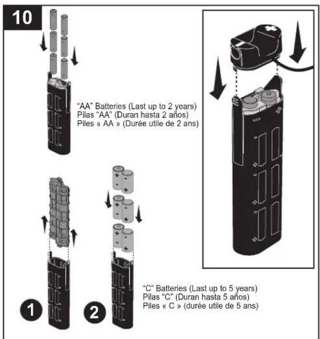 10 "AA" Batteries (Last up to 2 years) Pilas "AA" (Duran hasta 2 años) Piles « AA » (Durée utile de 2 ans) 1 2 "C" Batteries (Last up to 5 years) Pilas "C" (Duran hasta 5 años) Piles « C » (durée utile de 5 ans)