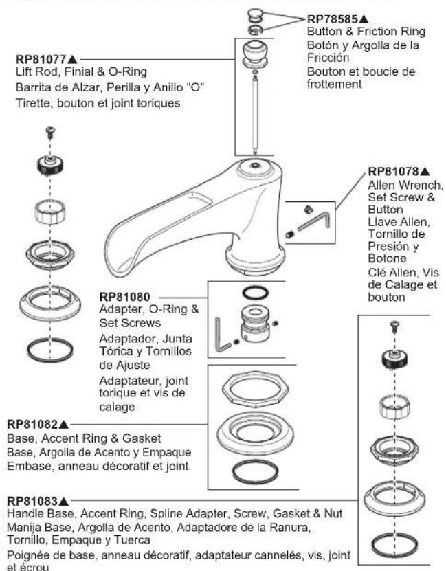 RP81077▲ Lift Rod, Finial & O-Ring Barrita de Alzar, Perilla y Anillo "O" Tirette, bouton et joint toriques RP81080 Adapter, O-Ring & Set Screws Adaptador, Junta Tórica y Tornillos de Ajuste Adaptateur, joint torique et vis de calage RP81082▲ Base, Accent Ring & Gasket Base, Argolla de Acento y Empaque Embase, anneau décoratif et joint RP81083▲ Handle Base, Accent Ring, Spline Adapter, Screw, Gasket & Nut Manija Base, Argolla de Acento, Adaptadore de la Ranura, Tornillo, Empaque y Tuerca Poignée de base, anneau décoratif, adaptateur cannelés, vis, joint et écrou RP78585▲ Button & Friction Ring Botón y Argolla de la Fricción Bouton et boucle de frottement RP81078▲ Allen Wrench, Set Screw & Button Llave Allen, Tornillo de Presión y Botone Clé Allen, Vis de Calage et bouton