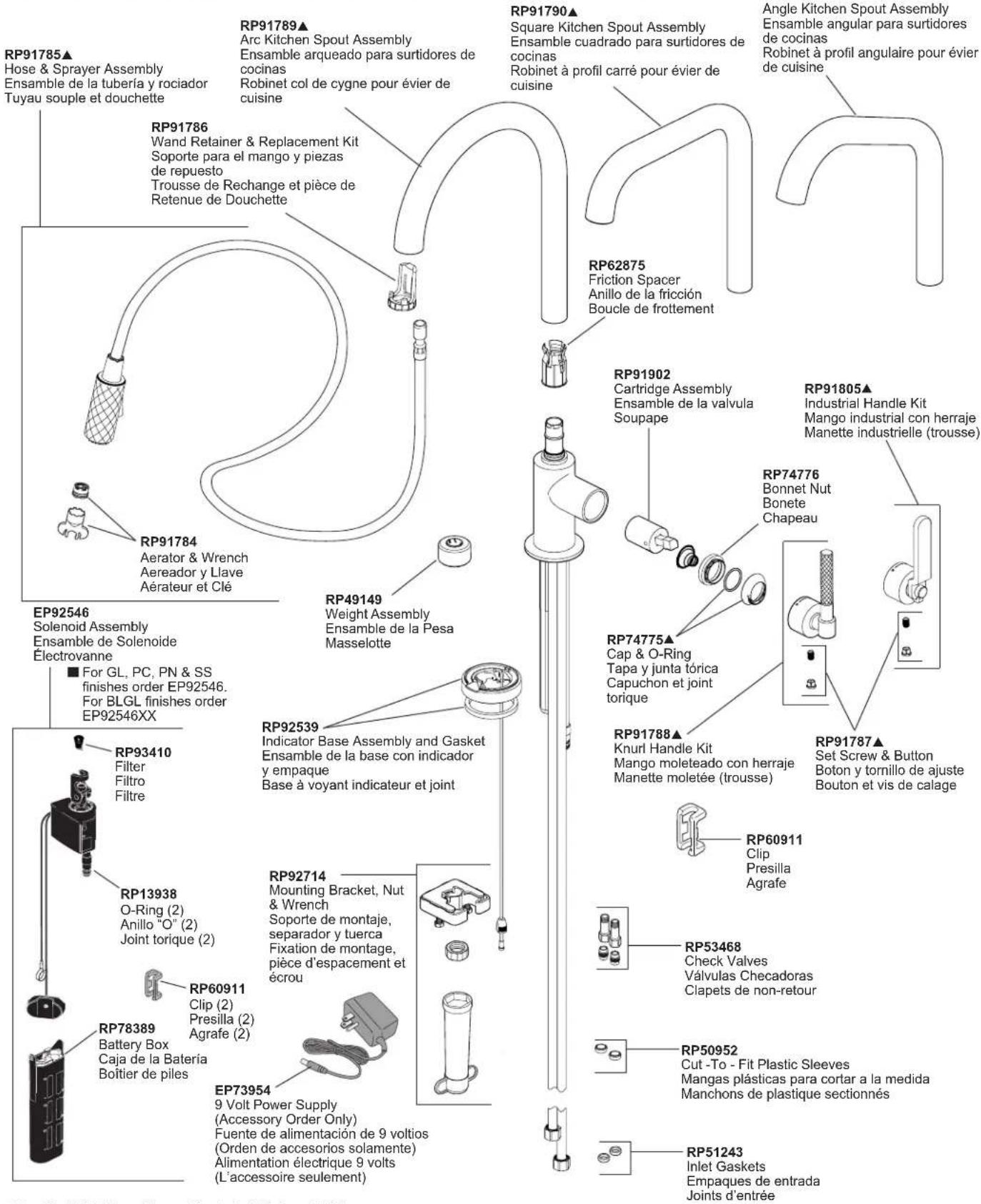 RP91785▲ Hose & Sprayer Assembly Ensamble de la tuberia y rociador Tuyau souple et douchette RP91786 Wand Retainer & Replacement Kit Soporte para el mango y piezas de repuesto Trousse de Rechange et pièce de Retenue de Douchette RP91789▲ Arc Kitchen Spout Assembly Ensamble arqueado para surtidores de cocinas Robinet col de cygne pour évier de cuisine RP91790▲ Square Kitchen Spout Assembly Ensamble cuadrado para surtidores de cocinas Robinet à profil carré pour évier de cuisine Angle Kitchen Spout Assembly Ensamble angular para surtidores de cocinas Robinet à profil angulaire pour évier de cuisine RP62875 Friction Spacer Anillo de la fricción Boucle de frottement RP91902 Cartridge Assembly Ensamble de la valvula Soupape RP91805▲ Industrial Handle Kit Mango industrial con herraje Manette industrielle (trousse) RP74776 Bonnet Nut Bonete Chapeau RP91805▲ Cap & O-Ring Tapa y junta tórica Capuchon et joint torique RP91788▲ Knurl Handle Kit Mango moleteado con herraje Manette moletée (trousse) RP91787▲ Set Screw & Button Boton y tornillo de ajuste Bouton et vis de calage RP60911 Clip Presilla Agrafe RP53468 Check Valves Válvulas Checadoras Clapets de non-retour RP50952 Cut-To - Fit Plastic Sleeves Mangas plásticas para cortar a la medida Manchons de plastique sectionnés RP51243 Inlet Gaskets Empaques de entrada Joints d'entrée