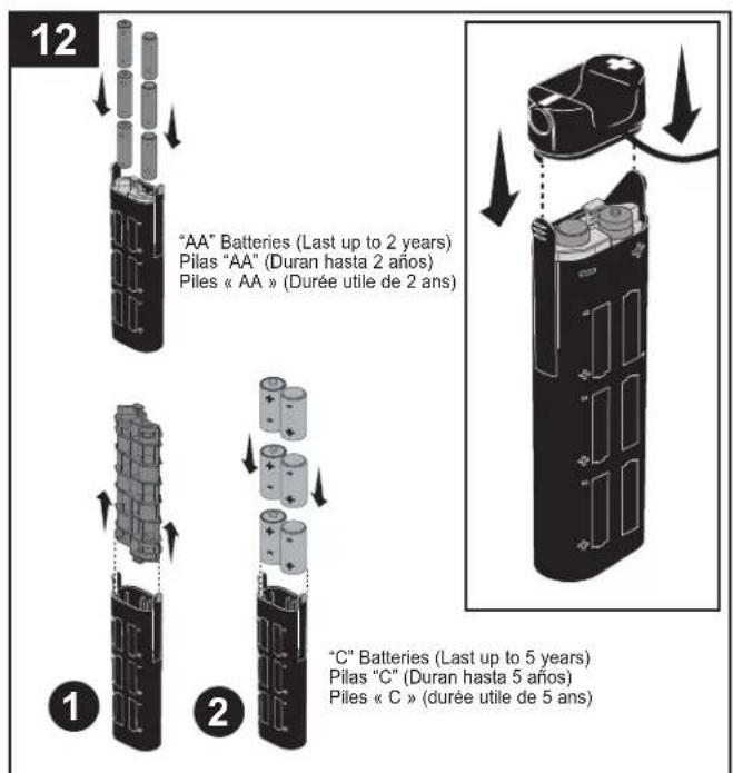 12 "AA" Batteries (Last up to 2 years) Pilas "AA" (Duran hasta 2 años) Piles « AA » (Durée utile de 2 ans) 1 2 "C" Batteries (Last up to 5 years) Pilas "C" (Duran hasta 5 años) Piles « C » (durée utile de 5 ans)