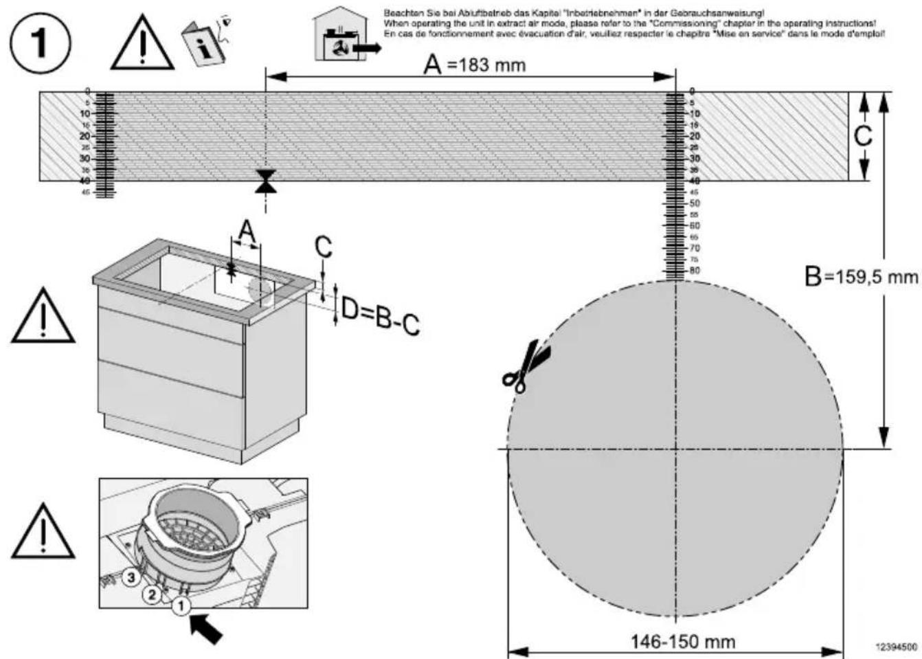Beachten Sie bei Abluftbetrieb das Kapitel "Inbetriebnehmer" in der Gebrauchsanweisung! When operating the unit in extract air mode, please refer to the "Commissioning" chapter in the operating instructions! En cas de fonctionnement avec évacuation d'air, veuillez respecter le chapitre "Mise en service" dans le mode d'emploi A = 183 mm B = 159,5 mm 146-150 mm 12394500