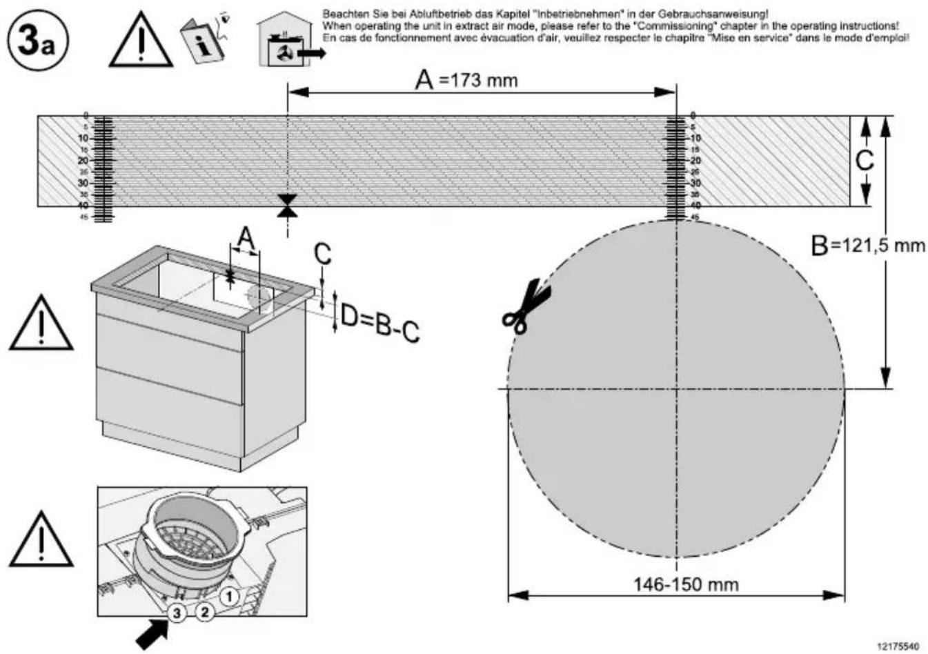 Beachten Sie bei Abluftbetrieb das Kapitel "Inbetriebnehmen" in der Gebrauchsanweisung! When operating the unit in extract air mode, please refer to the "Commissioning" chapter in the operating instructions! En cas de fonctionnement avec évacuation d'air, veuillez respecter le chapitre "Mise en service" dans le mode d'emploi A =173 mm B=121,5 mm 146-150 mm 12175540