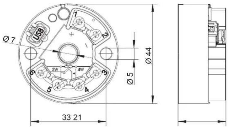 Jumo dTRANS T05 - Terminal assignment and dimensions (mm) of dTRANS T05 B - 1