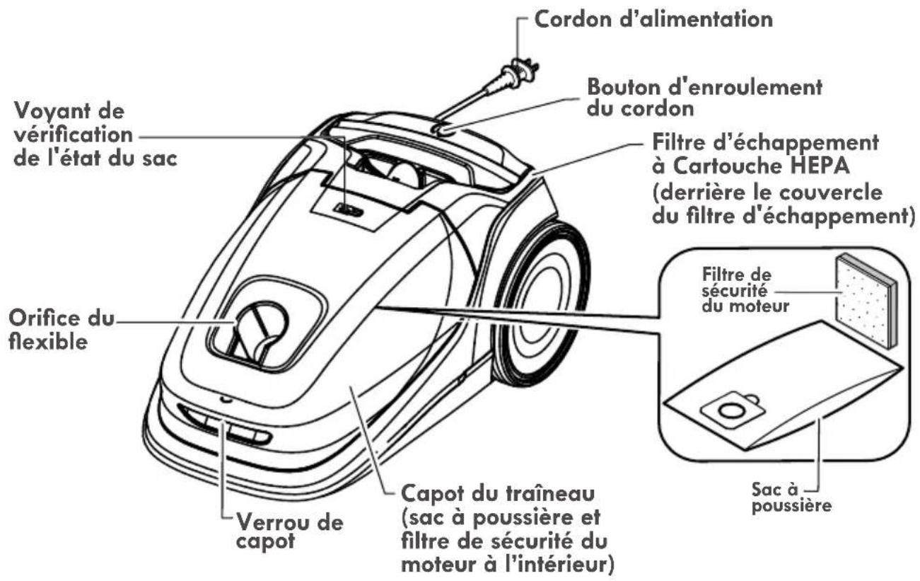 Cordon d'alimentation Bouton d'enroulement du cordon Voyant de vérification de l'état du sac Filtre d'échappement à Cartouche HEPA (derrière le couvercle du filtre d'échappement) Orifice du flexible Filtre de sécurité du moteur Verrou de capot Capot du traîneau (sac à poussière et filtre de sécurité du moteur à l'intérieur) Sac à poussière