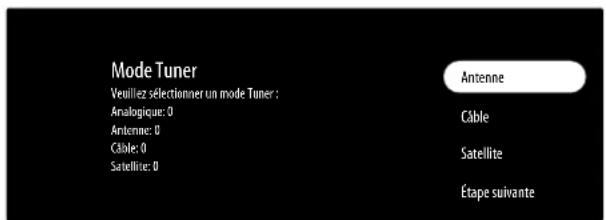 Mode Tuner Veuillez sélectionner un mode Tuner : Analogique: 0 Antenne: 0 Câble: 0 Satellite: 0 Antenne Câble Satellite Étape suivante
