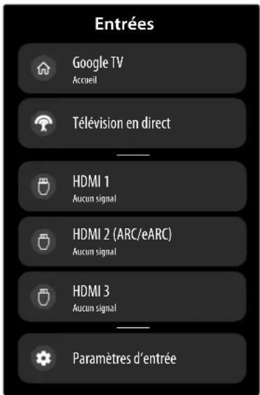 Entrées Google TV Accueil Télévision en direct HDMI 1 Aucun signal HDMI 2 (ARC/eARC) Aucun signal HDMI 3 Aucun signal Paramètres d'entrée