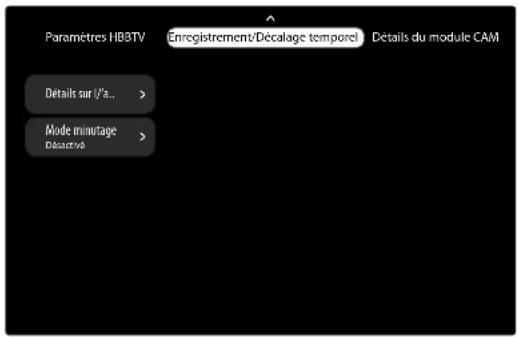 Paramètres HBBTV Enregistrement/Décalage temporel Détails du module CAM Details sur l'â... > Mode minutage Déactivé