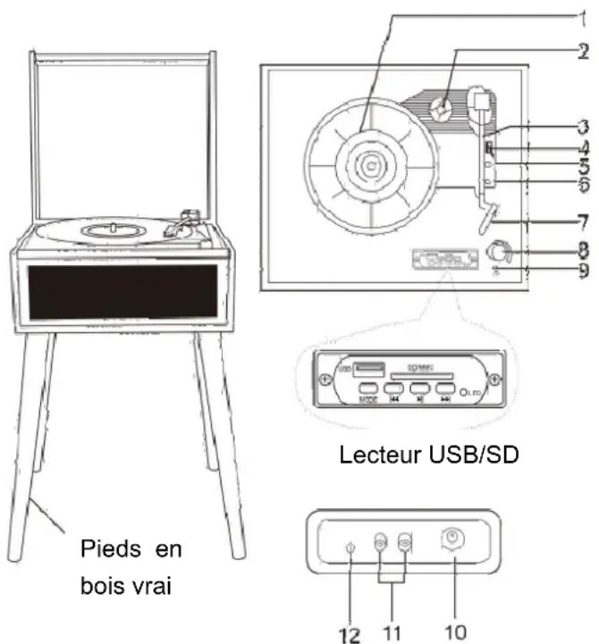 Pieds en bois vrai Lecteur USB/SD 12 11 10