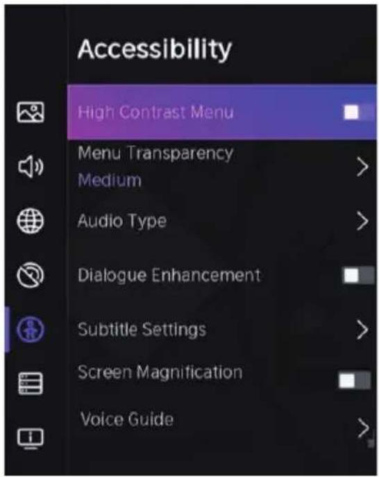 Accessibility High Contrast Menu Menu Transparency Medium Audio Type Dialogue Enhancement Subtitle Settings Screen Magnification Voice Guide