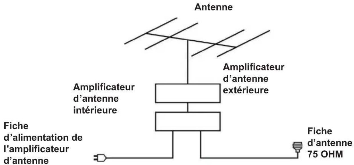 Antenne Amplificateur d'antenne extérieure Amplificateur d'antenne intérieure Fiche d'alimentation de l'amplificateur d'antenne Fiche d'antenne 75 OHM