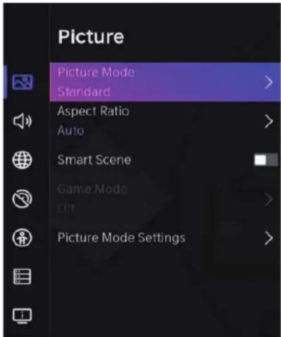Picture Picture Mode Standard > Aspect Ratio Auto > Smart Scene Game Mode Off > Picture Mode Settings >