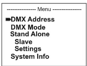 Cameo ZENIT W600 D - USTAWIANIE ADRESU STARTOWEGO DMX (DMX Address) - 1