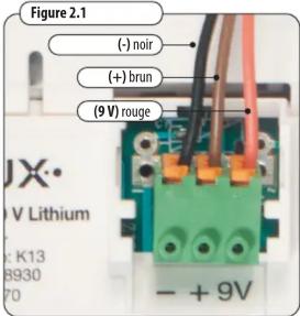 Figure 2.1 (-) noir (+ ) brun (9 V) rouge JX· V Lithium K13 8930 70 - + 9V