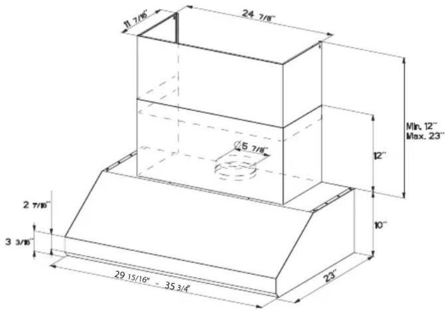 FABER OSTR30SS400 - RANGEHOOD DIMENSIONS WITH OPTIONAL TELESCOPIC CHIMNEY - 1