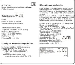 ATTENTION PARS PARS 200 à 50 metros à l'industrie Justé 300 metros à l'industrie Études Alimentation de Umbilables Adaptoriser supérieur 5V DC 1A (inclus) Modèle VT/DEU50/100 Frequimise : 240-2475 MHz Modulation : 93K Puissance RF : <20 dBm Études Conserve de sécurité importantes La Loque signalétiq…