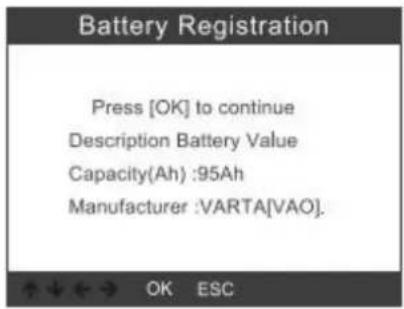 ANCEL VD700 - Appuyez à nouveau sur le bouton [OK], l'écran affichera les anciens paramètres de la batterie. - 1