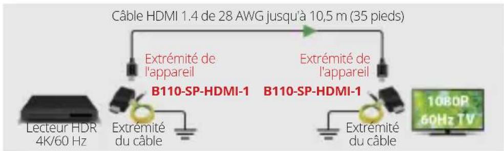 Câble HDMI 1.4 de 28 AWG jusqu'à 10,5 m (35 pieds) Extrémité de l'appareil B110-SP-HDMI-1 B110-SP-HDMI-1 Lecteur HDR 4K/60 Hz Extrémité du câble Extrémité du câble Extrémité de l'appareil 1080P 60Hz TV
