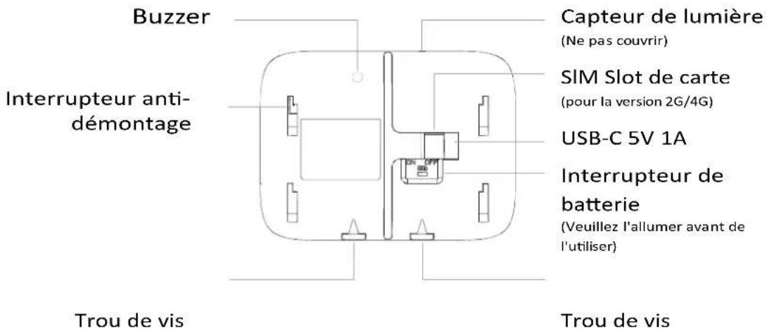 Buzzer Interrupteur anti- démontage Trou de vis Capteur de lumière (Ne pas couvrir) SIM Slot de carte (pour la version 2G/4G) USB-C 5V 1A Interrupteur de batterie (Veuillez l'allumer avant de l'utiliser) Trou de vis