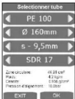Selectionner tube PE 100 Ø 160mm s - 9,5mm SDR 17 Zone circulaire: 44.31 cm² Puls: 42 kg/m² Densate: 0.856 g/cm² Pression d'alignement : 10.0bar EXIT OK