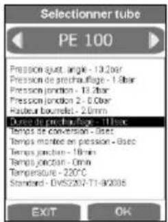 Selectionner tube PE 100 Pression heat angle - 13.2bar Pression de prechauflage - 1.8bar Pression junction - 13.2bar Pression junction 2 - 0.0bar Haleur boremelet - 2.0mm Ours de prechauflage - 11bar Temps de conversion - 0bar Temps mounted en pression - 0sec Temps junction - 18min Temps junction - Omni Temperature - 220°C Standard - DV5207-T1-9/2006 EXIT OK