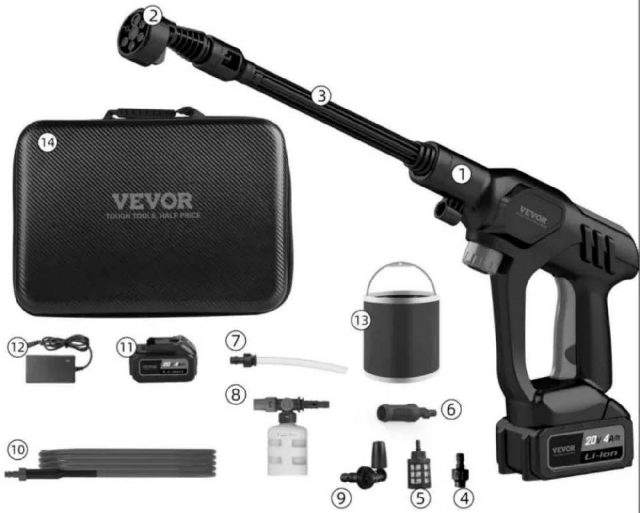 VEVOR TOUCH TOOLS HALF PRICE ① ② ③ ④ ⑦ ⑧ ⑨ ⑤ ④ ⑬ ⑪ ⑫ ⑬ VEVOR 20 4 L1-ion