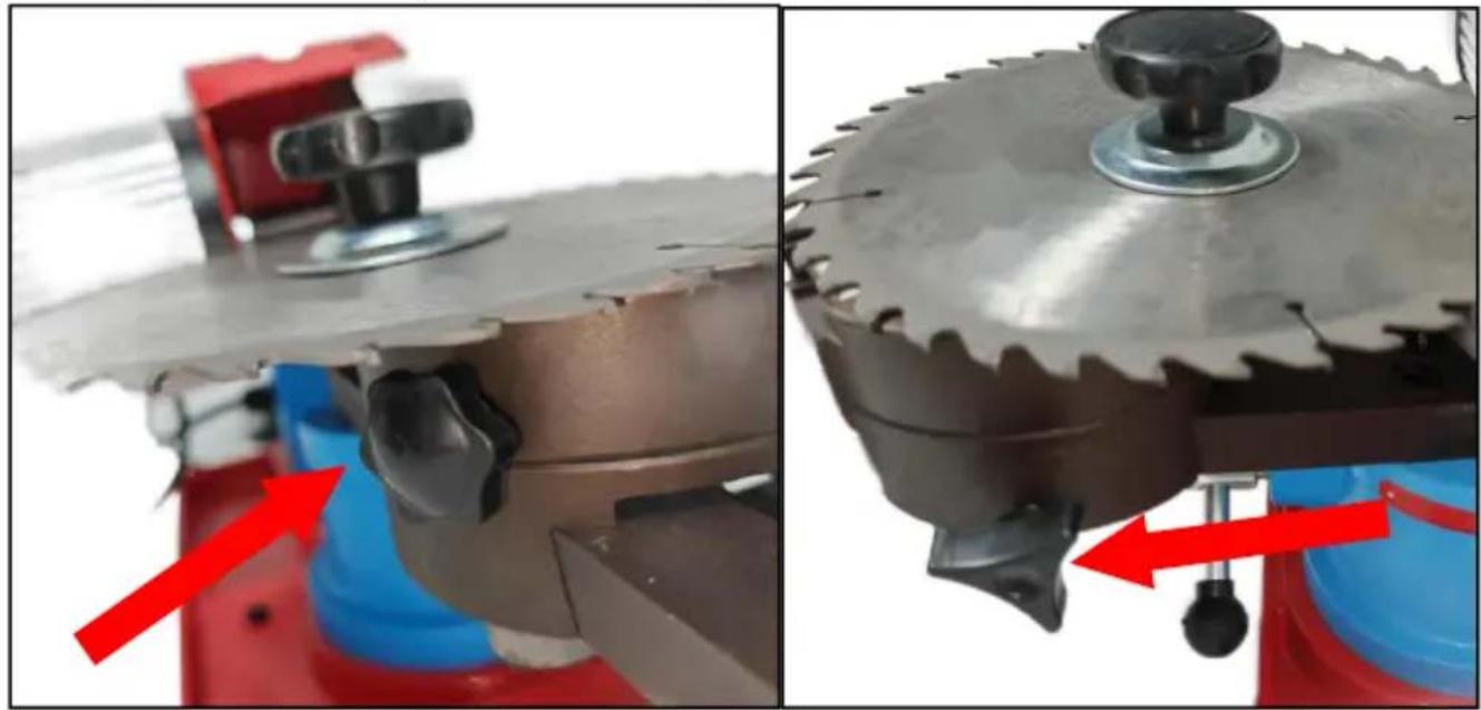 Vevor JMY8-70 - STEP 5: Tighten the knobs on the upper and lower saw blade mourn Attention: - 1
