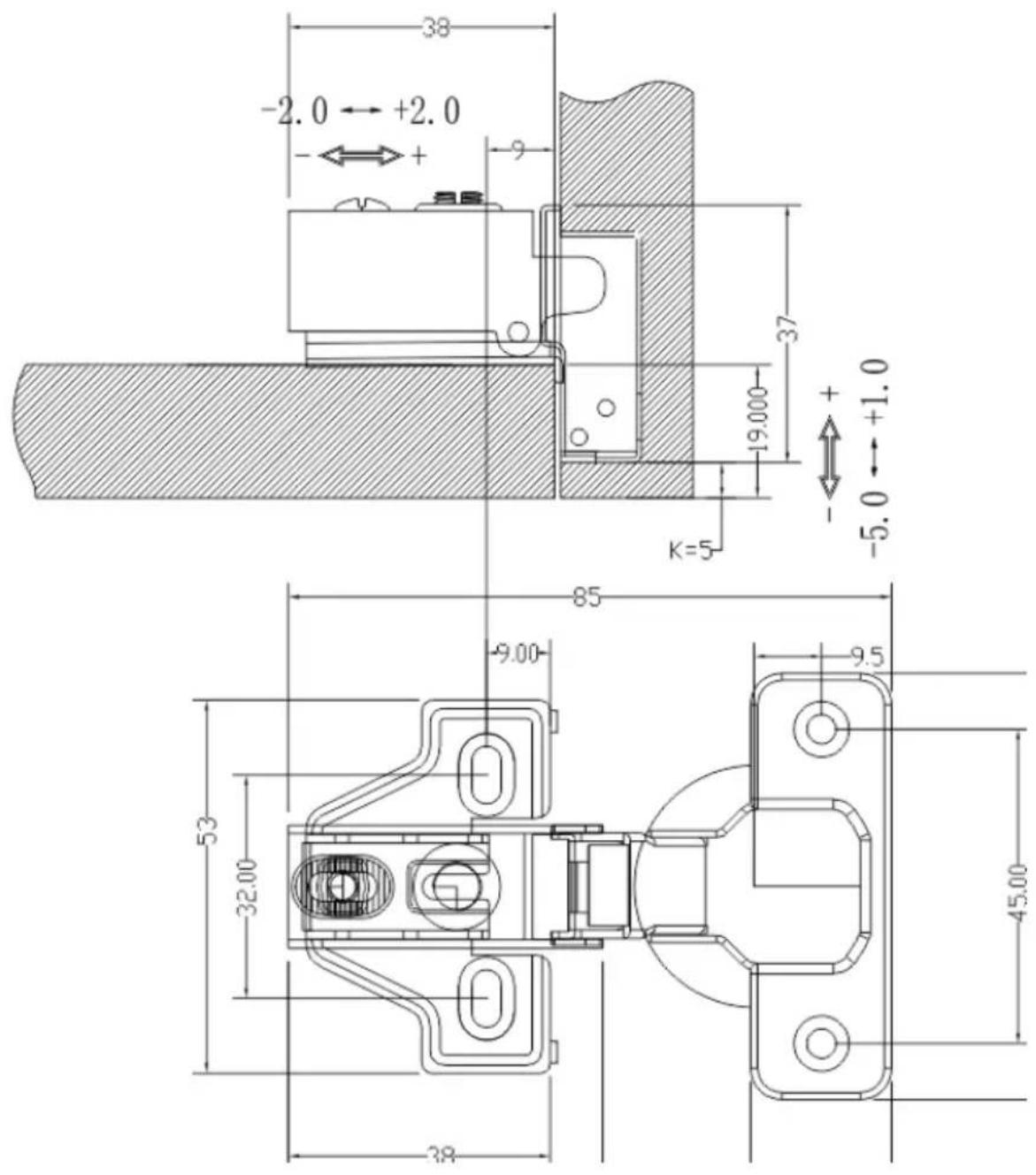 Vevor PHS24501-50 - Φ35 FIXED ON ONE WAY SHORT ARMS HYDRAULIC BUFFERING HINGES - 5