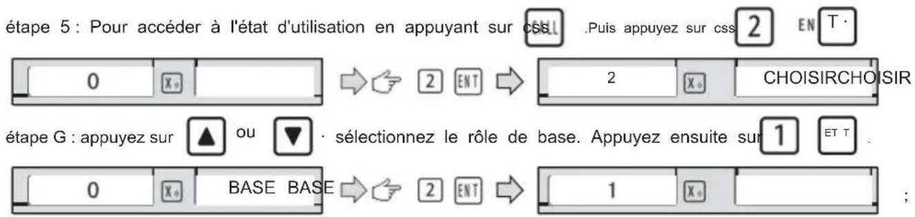 étape 5 : Pour accéder à l'état d'utilisation en appuyant sur cssL .Puis appuyez sur css 2 EN T 0 Xo → 2 ENT → 2 Xo CHOISIRCHOISIR étape G : appuyez sur ▲ ou ▼ - sélectionnez le rôle de base. Appuyez ensuite sur 1 ET T 0 Xo BASE BASE → 2 ENT → 1 Xo ;
