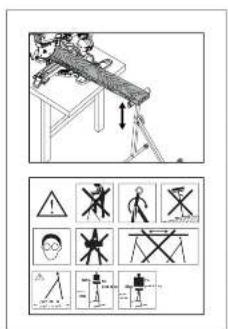 Technical diagram showing mechanical assembly and safety symbols with accompanying warning labels