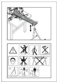 Safety instruction diagram showing safety symbols and hazard signs for workers on a ladder