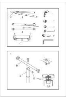 Technical diagram showing mechanical assembly with labeled parts and exploded views
