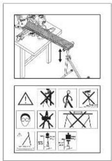 Safety warning and hazard symbols for a person using a lever system, including pictograms, safety signs, and hazard zones.