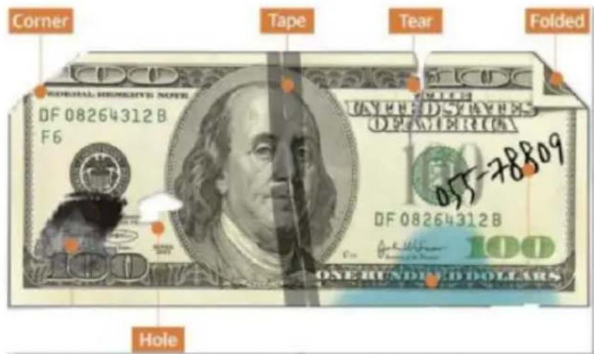 Corner Tape Tear Folded OFFICIAL REMOGRICER NOTE DF 08264312B F6 100 ONE HUNDLEED DOLLARS 055-78809 100