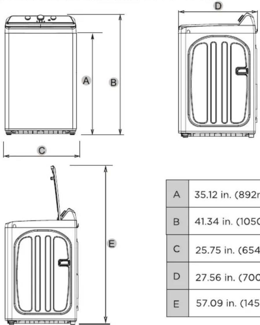 MIDEA MLTW45A2BWW - Washer dimensions and installation measurements - 1