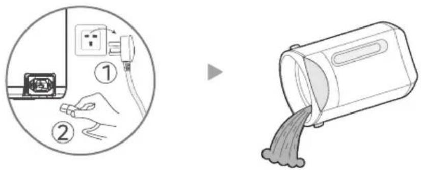 Diagram illustrating a hand inserting electrical outlets into a device, with a second step showing the process to remove liquid.