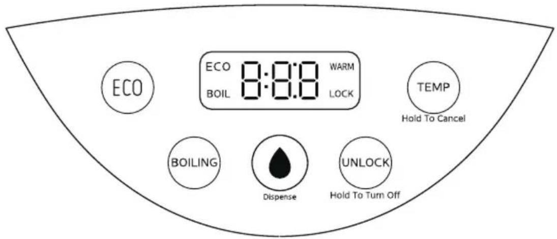 ECO ECO 8:0:0 WARM BOIL LOCK TEMP Hold To Cancel BOILING Dispense UNLOCK Hold To Turn Off
