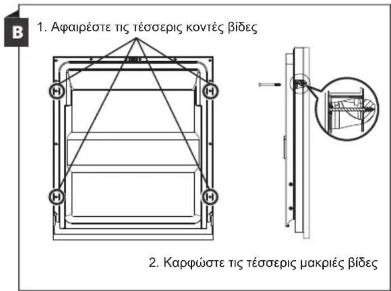 1. Αφαιρέστε τις τέσσερις κοντές βίδες 2. Καρφώστε τις τέσσερις μακριές βίδες