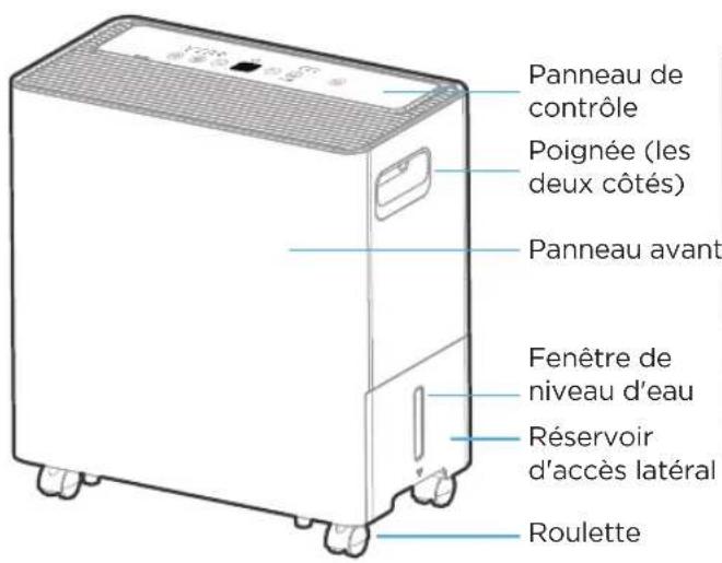 Panneau de contrôle Poignée (les deux côtés) Panneau avant Fenêtre de niveau d'eau Réservoir d'accès latéral Roulette
