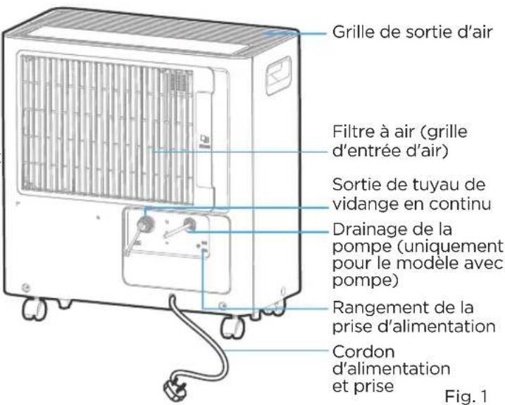 Grille de sortie d'air Filtre à air (grille d'entrée d'air) Sortie de tuyau de vidange en continu Drainage de la pompe (uniquement pour le modèle avec pompe) Rangement de la prise d'alimentation Cordon d'alimentation et prise Fig. 1