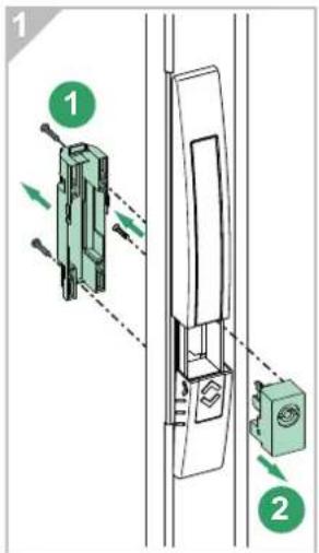 Technical diagram showing two mechanical assembly steps with labeled components and directional arrows indicating movement.
